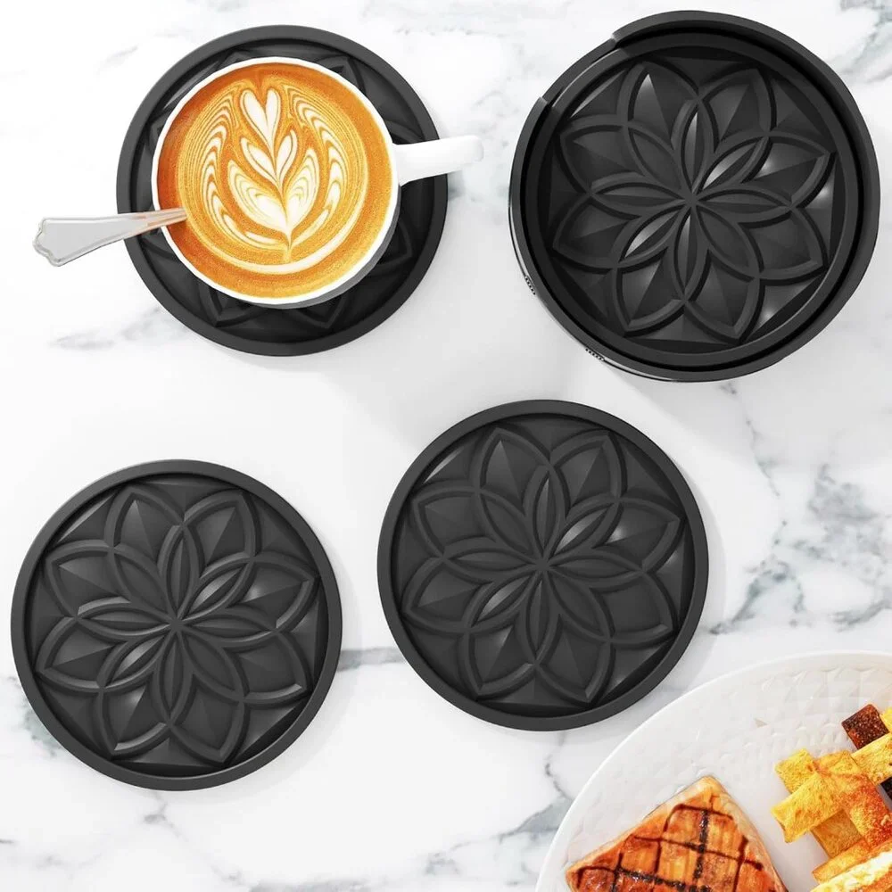 Drink Coasters Set of 6 Packs with Holder, Round Black BPA Free Silicone with No